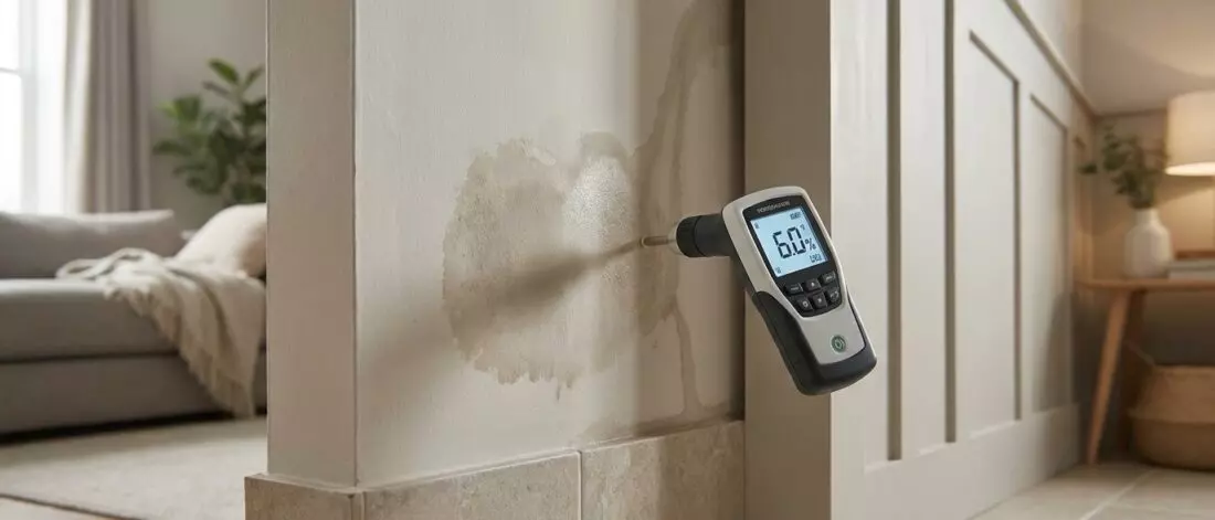 Een vochtmeter toont waar water zit, maar niet altijd direct waar het lek begon. Een vochtmeter toont waar water zit en waarom dat niet altijd de plek van het lek is