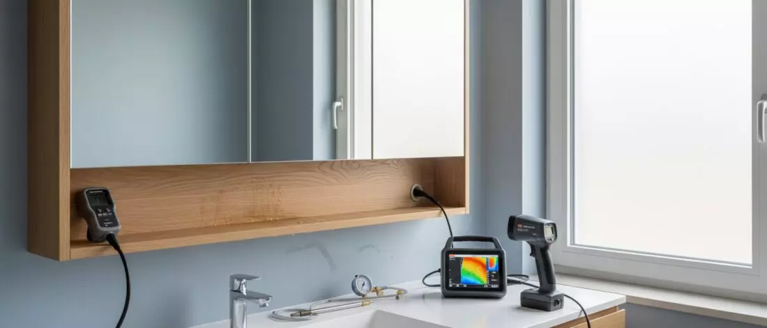 Hoe vind je een druppellek in een badkamerleiding achter een spiegelkast? Meetmethoden zonder hak en breekwerk in de badkamerwand