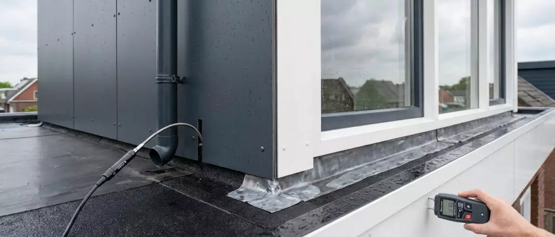 lekdetectie Je pakt Hoe controleer je een dakkapel op een lekkende hemelwaterafvoer achter bekleding aan met een dakinspectie.