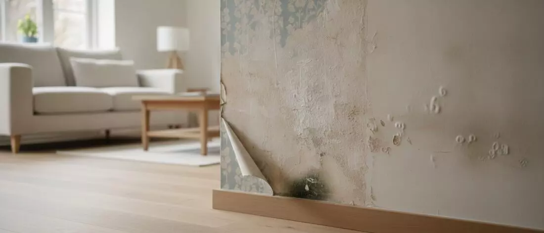 Home lekdetectie Hoe herken je een lek in een woonkamerwand met loslatend behang en zoute aanslag, dat zie je aan sporen.