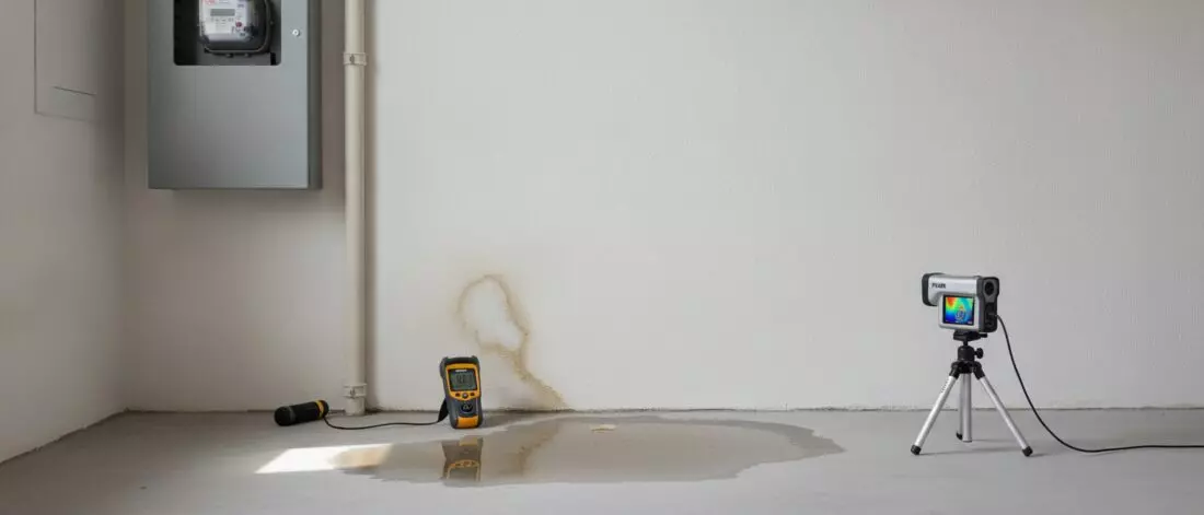 Je ziet een vochtplek naast de meterkast bij de groepenkast en je hoort soms zacht tikken bij de leidingkoker. Hoe moderne opsporing werkt zonder hak en breekwerk