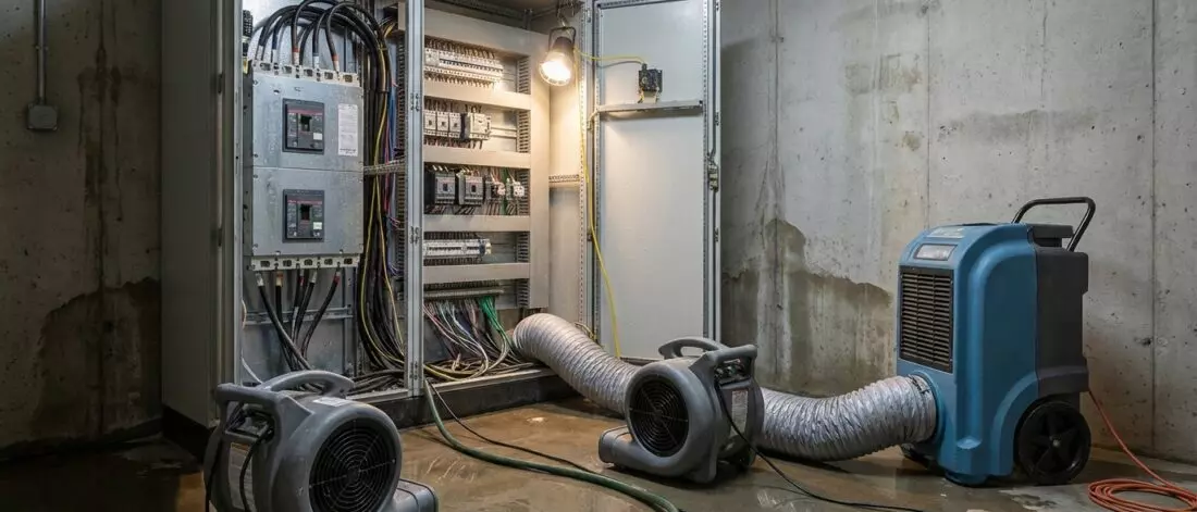 Snelle droging van bedrading en schakelkasten na waterschade