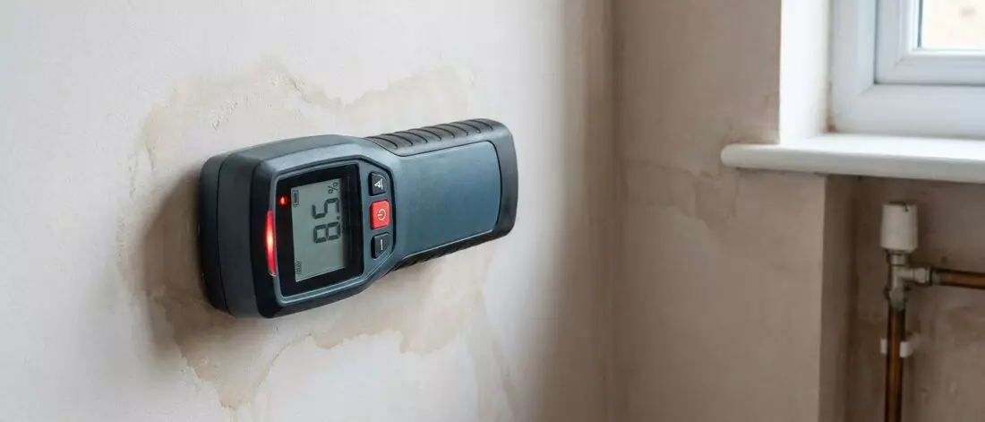 Een vochtmeter toont natte zones, maar de bron ligt regelmatig op een andere plek